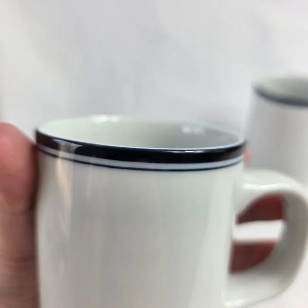 TWO Dansk Allegro Blue Mugs White with Two Blue Bands on Rim